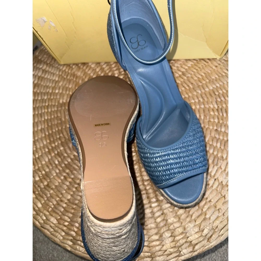COSY ISLAND Blue‎ Raffia Wedge Sandals Round Toe Espadrille Platform Ankle Strap